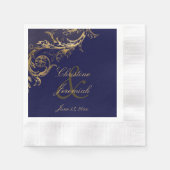 Blauw Goud Bloemen Damast Script Bruiloft Servet (Voorkant)