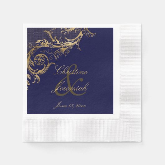  Blauw Goud Bloemen Damast Script Bruiloft Servet (Voorkant)