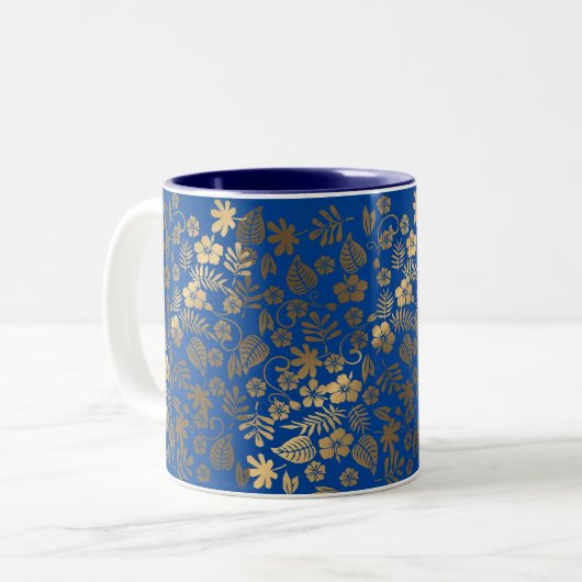 Blauw Goud Bloemen effect Tweekleurige Koffiemok (Voorkant links)