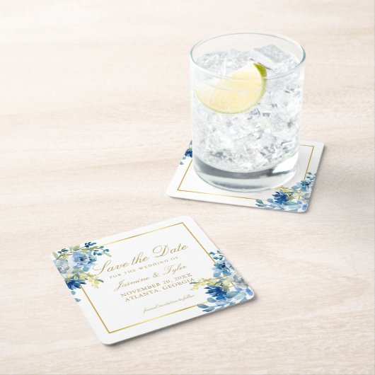 Blauw Goud Bloemen Elegante Avond Save the Date Kartonnen Onderzetters (Insitu)