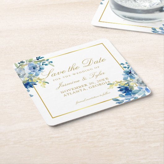 Blauw Goud Bloemen Elegante Avond Save the Date Kartonnen Onderzetters (Schuin)
