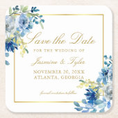 Blauw Goud Bloemen Elegante Avond Save the Date Kartonnen Onderzetters (Voorkant)