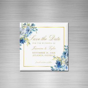 Blauw Goud Bloemen Elegante Avond Save the Date Magneet