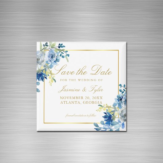 Blauw Goud Bloemen Elegante Avond Save the Date Magneet