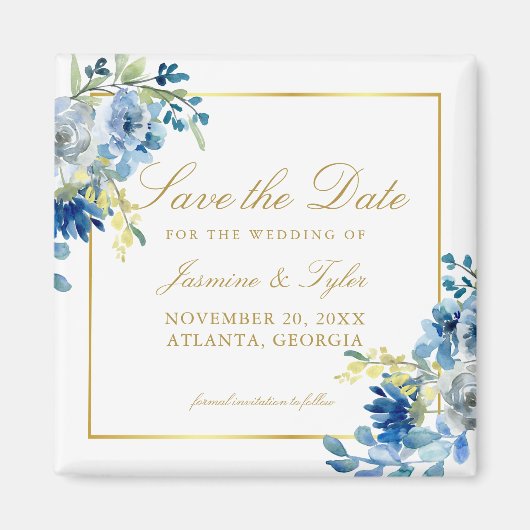 Blauw Goud Bloemen Elegante Avond Save the Date Magneet (Voorkant)