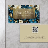 Blauw Goud Bloemen Folie QR Code Luxe Visitekaartje