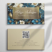 Blauw Goud Bloemen Folie QR Code Luxe Visitekaartje