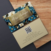 Blauw Goud Bloemen Folie QR Code Luxe Visitekaartje