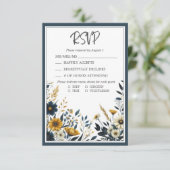 Blauw Goud Bloemen Formele Elegante Bruiloft RSVP (Staand voorkant)