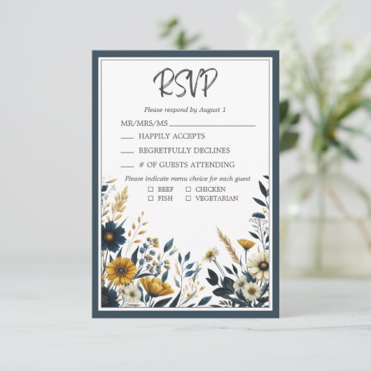 Blauw Goud Bloemen Formele Elegante Bruiloft RSVP (Staand voorkant)