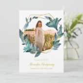 Blauw Goud Bloemen Foto Afstuderen Party Uitnodigi Kaart (Staand voorkant)