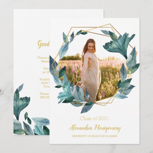 Blauw Goud Bloemen Foto Afstuderen Party Uitnodigi Kaart (Voorkant / Achterkant)