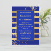 Blauw Goud Bloemen Gestreepte Uitnodiging voor Pen (Staand voorkant)