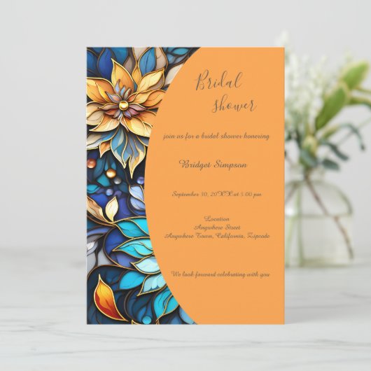 Blauw & Goud Bloemen Glas in lood Elegante bruid Kaart (Staand voorkant)
