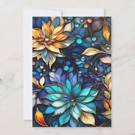 Blauw & Goud Bloemen Glas in lood Elegante bruid Kaart (Achterkant)