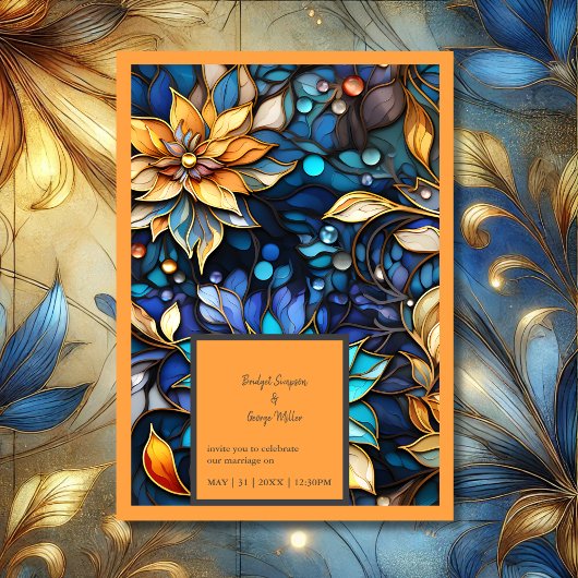 Blauw & Goud Bloemen Glas in lood Elegante bruilof