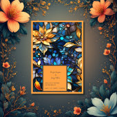 Blauw & Goud Bloemen Glas in lood Elegante bruilof Kaart