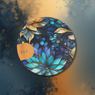 Blauw & Goud Bloemen Glas in lood Elegante bruilof Papieren Bordje