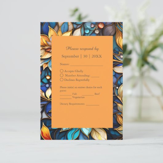 Blauw & Goud Bloemen Glas in lood Elegante bruilof RSVP Kaartje (Staand voorkant)