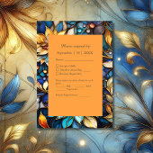 Blauw & Goud Bloemen Glas in lood Elegante bruilof RSVP Kaartje