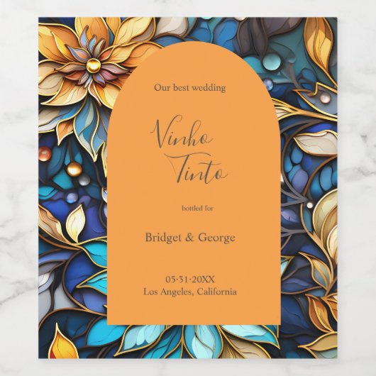 Blauw & Goud Bloemen Glas in lood Elegante bruilof Wijn Etiket (Enkel label)