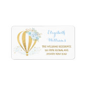 Blauw Goud Bloemen Hete Luchtballon Terugkeeradres Etiket (Voorkant)