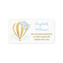 Blauw Goud Bloemen Hete Luchtballon Terugkeeradres Etiket
