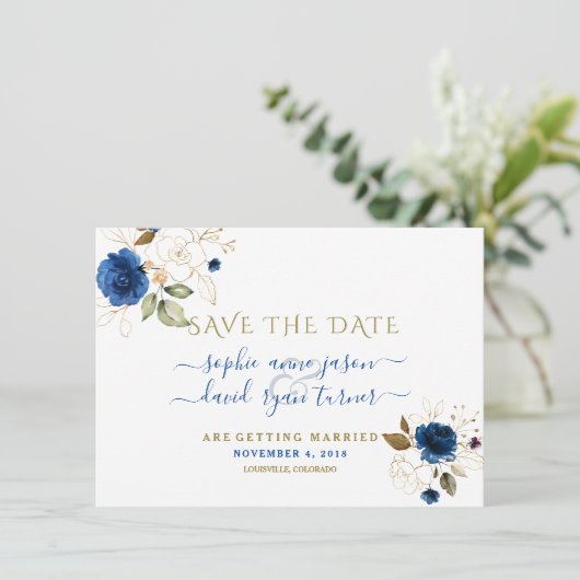Blauw Goud Bloemen Kalligrafie Bruiloft Save The D Save The Date (Staand voorkant)