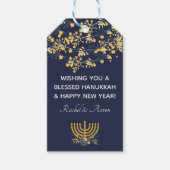 Blauw & Goud Bloemen + Menorah Patroon Chanoeka Bl Cadeaulabel (Voorkant)