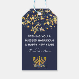 Blauw & Goud Bloemen + Menorah Patroon Chanoeka Bl Cadeaulabel