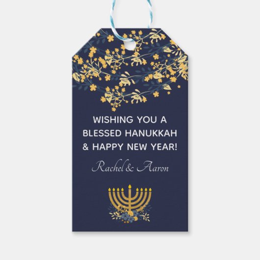 Blauw & Goud Bloemen + Menorah Patroon Chanoeka Bl Cadeaulabel (Voorkant)