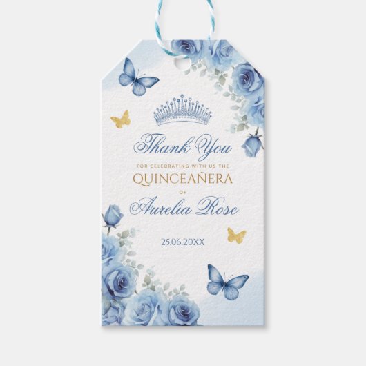 Blauw Goud Bloemen Quinceanera Favor Bedankt Cadea Cadeaulabel (Voorkant)