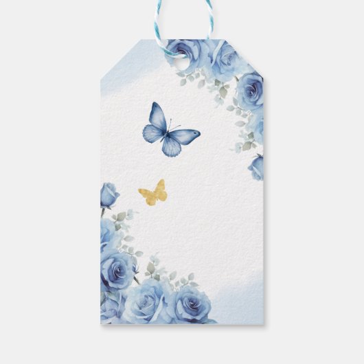 Blauw Goud Bloemen Quinceanera Favor Bedankt Cadea Cadeaulabel (Achterkant)