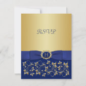 Blauw, Goud Bloemen Scroll Bruiloft Antwoord Kaart (Voorkant)