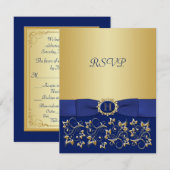 Blauw, Goud Bloemen Scroll Bruiloft Antwoord Kaart (Voorkant / Achterkant)
