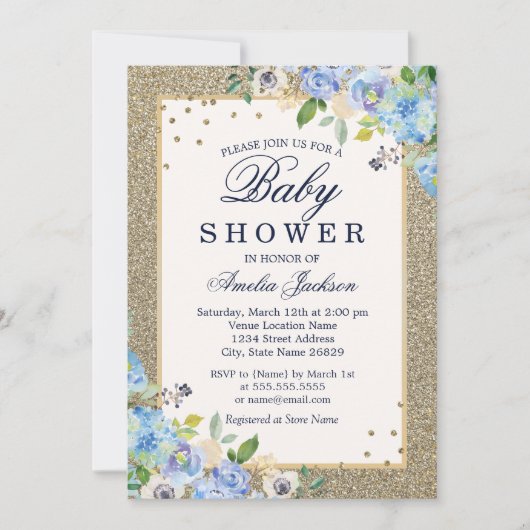 Blauw Goud Bloemen Sparkle Baby shower Uitnodigen Kaart (Voorkant)