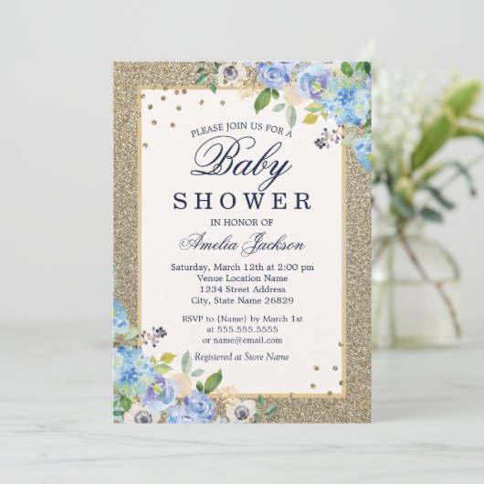 Blauw Goud Bloemen Sparkle Baby shower Uitnodigen Kaart (Staand voorkant)