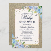 Blauw Goud Bloemen Sparkle Baby shower Uitnodigen Kaart (Voorkant / Achterkant)