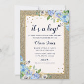 Blauw Goud Bloemen Sparkle Boy Baby shower Kaart (Voorkant)