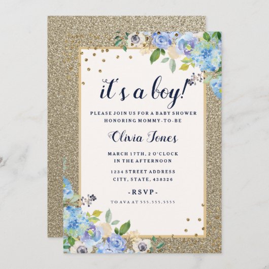 Blauw Goud Bloemen Sparkle Boy Baby shower Kaart (Voorkant / Achterkant)