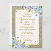 Blauw Goud Bloemen Sparkle Quinceanera Kaart (Voorkant)