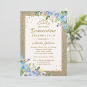 Blauw Goud Bloemen Sparkle Quinceanera Kaart (Staand voorkant)