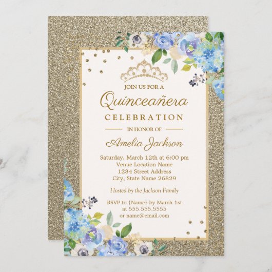 Blauw Goud Bloemen Sparkle Quinceanera Kaart (Voorkant / Achterkant)
