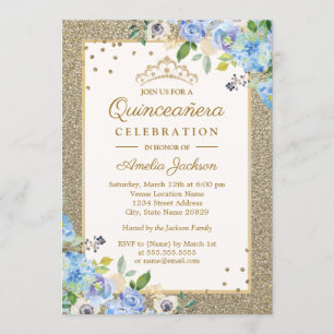 Blauw Goud Bloemen Sparkle Quinceanera Kaart