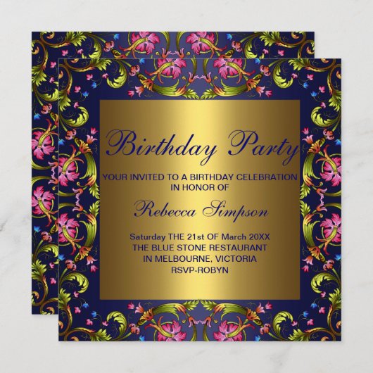 Blauw & Goud Bloemen Tuin Verjaardag Uitnodiging (Voorkant / Achterkant)