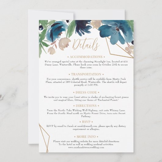 Blauw goud Bloemen Waterverf Alles in één Bruiloft Kaart (Achterkant)