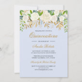 Blauw Goud Bloemenblad Waterverf Quinceanera Kaart (Voorkant)