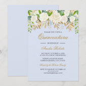 Blauw Goud Bloemenblad Waterverf Quinceanera Kaart (Voorkant / Achterkant)