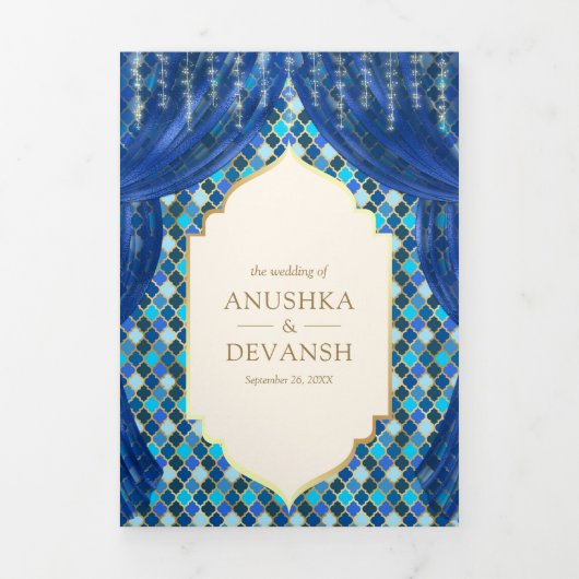 Blauw Goud Bloemengordijn Indische Hindoe Bruiloft Drieluik Uitnodiging (Cover)