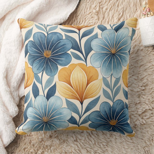 Blauw & Goud Bloemenkussen Kussen (Deken)